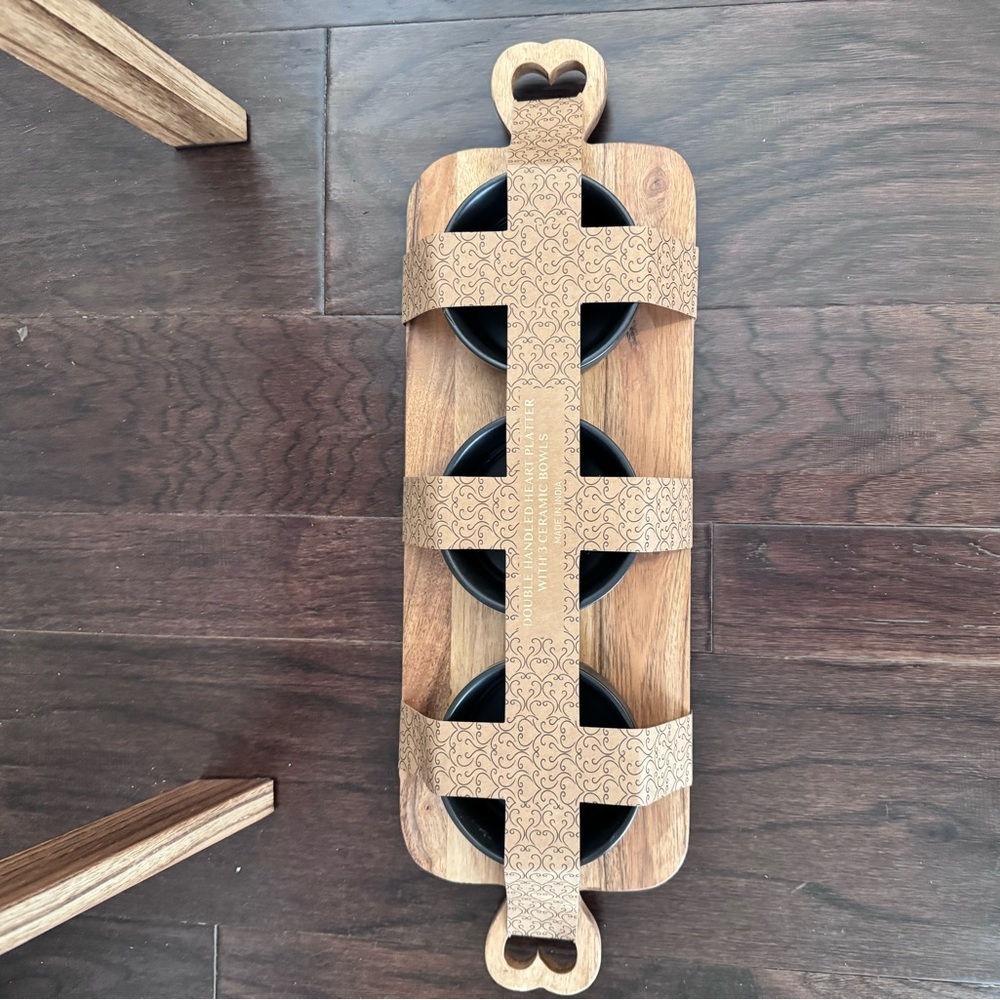 Wooden Serving Tray with Black Bowls